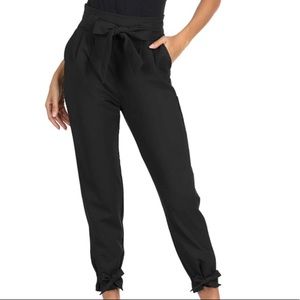 Grace Karin black paper bag bow tie waist & ankle high-rise pants L - NWT!